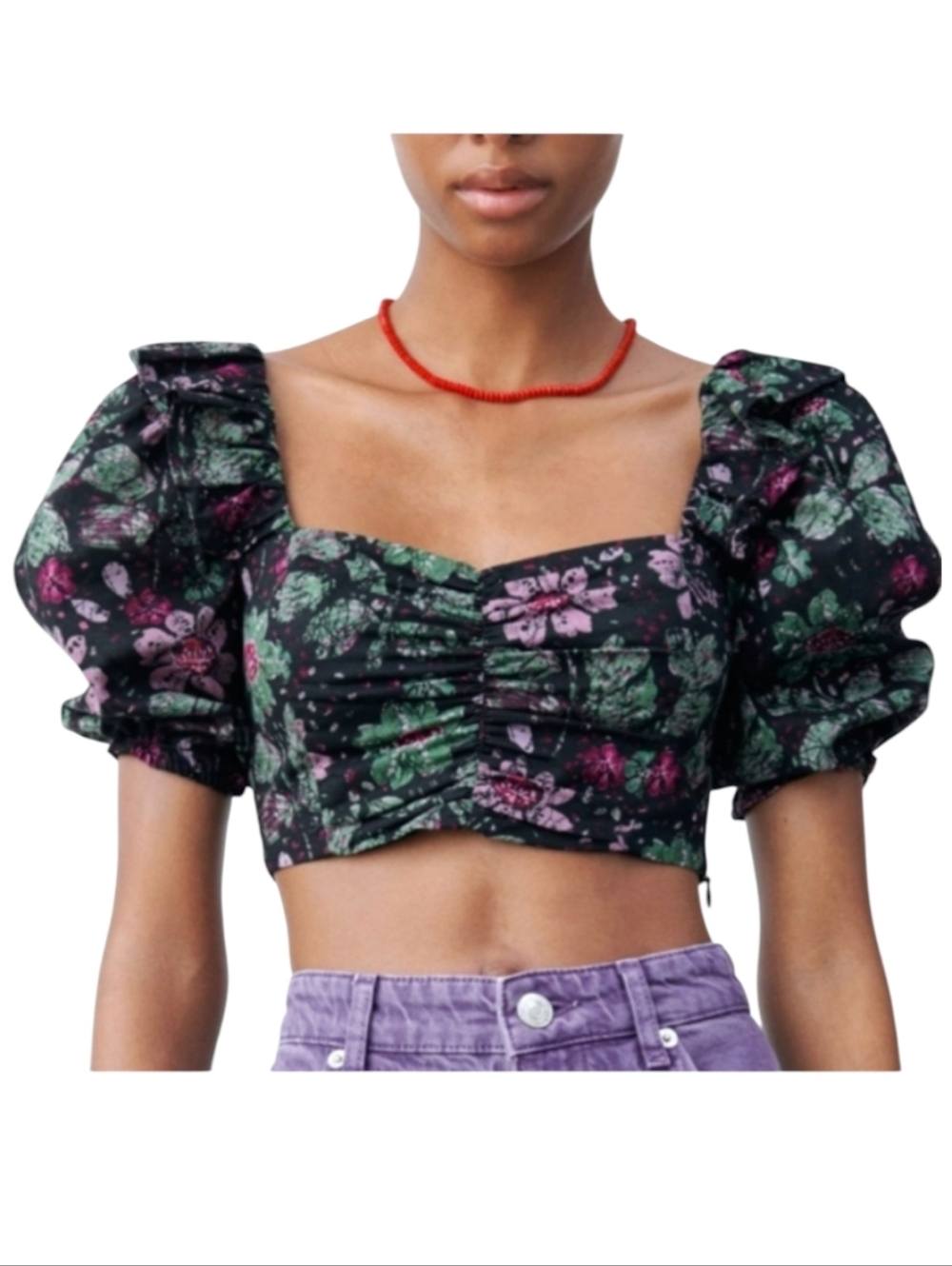 Zara Floral Ruffle Puff Sleeve Crop Top Black Green Medium NWT Boho Festival